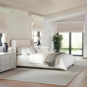 imageMartha Stewart Kay Low Profile Platform Bed with Wingback Headboard Channel Stitched Faux Linen Upholstery No Box Spring Needed Queen BeigeBeige FabricWalnut Legs