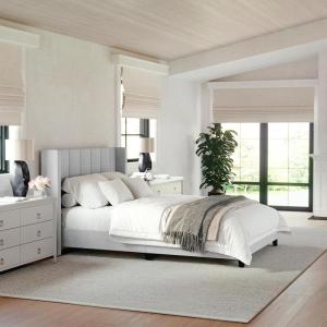 imageMartha Stewart Kay Low Profile Platform Bed with Wingback Headboard Channel Stitched Faux Linen Upholstery No Box Spring Needed Queen BeigeGray FabricBlack Legs