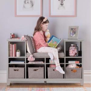 imageMartha Stewart Kids Reading Nook  Gray Wooden Storage Bench Bookcase Organizer with Seat Cushion Book Shelves and Fabric Bins for Bedroom or PlayroomGrey