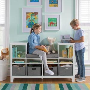 imageMartha Stewart Kids Reading Nook  Gray Wooden Storage Bench Bookcase Organizer with Seat Cushion Book Shelves and Fabric Bins for Bedroom or PlayroomLinen White