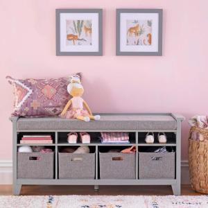 imageMartha Stewart Kids Storage Bench Gray Wooden Toy and Book Organizer with Shelves Builtin Cushion and Fabric Bins for Playroom and BedroomGrey