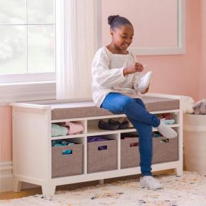 imageMartha Stewart Kids Storage Bench Gray Wooden Toy and Book Organizer with Shelves Builtin Cushion and Fabric Bins for Playroom and BedroomLinen White