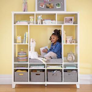 imageMartha Stewart Kids Storage System  Linen White Wood Bookshelf Cubby with Seat Cushion Shelves and Storage Bins Reading Nook Bookcase and Kids Room Storage BenchLinen White