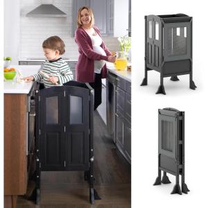 imageMartha Stewart Kitchen Helper  Toddler Tower  Charcoal Kids Folding Wood Kitchen Platform Adjustable Height Step Stool for Toddlers  Little Kids Learning FurnitureCharcoal