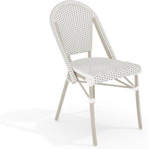 imageMartha Stewart Lily Pond IndoorOutdoor Stackable Bistro Chairs with Natural Woodgrain Aluminum Frame Finish BlackWhite Woven Rattan BackrestsSeats Set of 2Gray  WhiteGray Frame