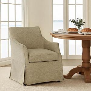 imageMartha Stewart London Upholstered Skirted Dining Arm Chair with Casters  Curved Back Removable Seat Cushion for Dining Room Home Office or Living Space Light BlueBeige