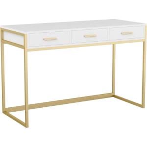 imageMartha Stewart Ollie Home Office Desk with 3 Drawers in Walnut Wood Grain with Polished Brass HardwareWhite TopPolished Brass Frame