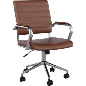 imageMartha Stewart Piper Swivel Task Chair with Armrests for Home Office in White Faux Leather with Polished Nickel FrameSaddle Brown Faux LeatherPolished Nickel