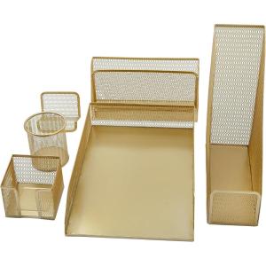 imageMartha Stewart Ryder Gold Mesh Metal 6 Piece Set Desktop Organizers and Accessories Holds Files Magazines Letters Pens Sticky Notes and Business Cards