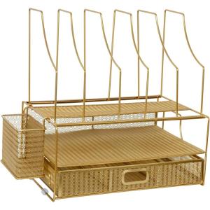imageMartha Stewart Ryder Gold Mesh Metal Large Desktop Organizer With Paper File Letter Holder Organizer and Drawer
