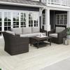 imageMartha Stewart Bedford 4Piece IndoorOutdoor Conversation Set with Sofa 2 Accent Chairs and Coffee Table in Brown Rattan Wicker with Tan AllWeather Cushions