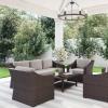 imageMartha Stewart Bedford 4Piece IndoorOutdoor Conversation Set with Sofa 2 Accent Chairs and Coffee Table in Brown Rattan Wicker with Tan AllWeather Cushions