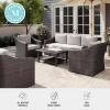 imageMartha Stewart Bedford 4Piece IndoorOutdoor Conversation Set with Sofa 2 Accent Chairs and Coffee Table in Brown Rattan Wicker with Tan AllWeather Cushions