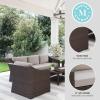 imageMartha Stewart Bedford 4Piece IndoorOutdoor Conversation Set with Sofa 2 Accent Chairs and Coffee Table in Brown Rattan Wicker with Tan AllWeather Cushions