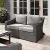 imageMartha Stewart Bedford IndoorOutdoor Modular Patio Loveseat with Rattan Wicker Finish in Brown with Tan AllWeather CushionsGray CushionsGray Frame