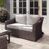 imageMartha Stewart Bedford IndoorOutdoor Modular Patio Loveseat with Rattan Wicker Finish in Brown with Tan AllWeather CushionsTan CushionsBrown Frame