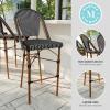 imageMartha Stewart Lily Pond IndoorOutdoor Stackable Bar Stools with Gray Woodgrain Aluminum Frame Finish WhiteGray Woven Rattan Backrests and Seats Set of 2Black  WhiteNatural Frame