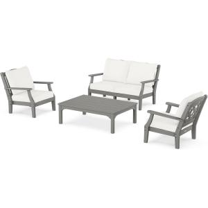 imageMARTHA STEWART by POLYWOOD Chinoiserie 4Piece Deep Seating Set with Loveseat in WhiteSky BlueSlate Grey  Natural Linen