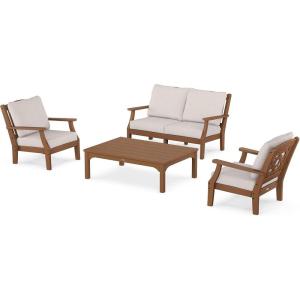 imageMARTHA STEWART by POLYWOOD Chinoiserie 4Piece Deep Seating Set with Loveseat in WhiteSky BlueTeak  Dune Burlap