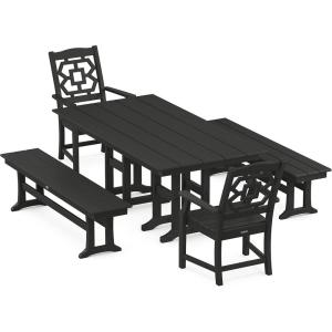 imageMARTHA STEWART by POLYWOOD Chinoiserie 5Piece Farmhouse Dining Set with Benches in SandBlack