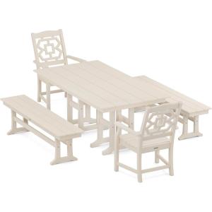imageMARTHA STEWART by POLYWOOD Chinoiserie 5Piece Farmhouse Dining Set with Benches in SandSand