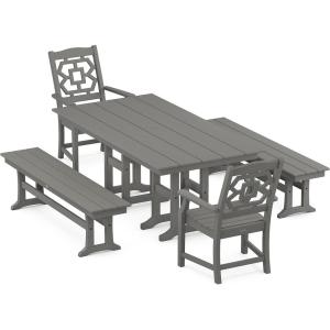 imageMARTHA STEWART by POLYWOOD Chinoiserie 5Piece Farmhouse Dining Set with Benches in SandSlate Grey