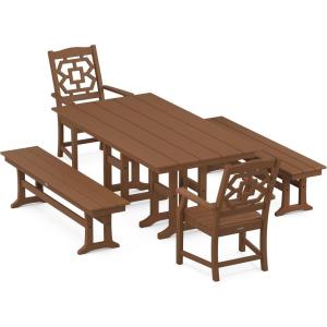 imageMARTHA STEWART by POLYWOOD Chinoiserie 5Piece Farmhouse Dining Set with Benches in SandTeak