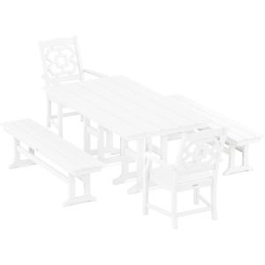 imageMARTHA STEWART by POLYWOOD Chinoiserie 5Piece Farmhouse Dining Set with Benches in SandWhite