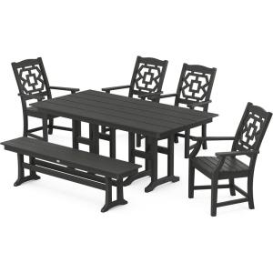 imageMARTHA STEWART by POLYWOOD Chinoiserie 6Piece Farmhouse Dining Set with Bench in WhiteBlack