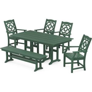 imageMARTHA STEWART by POLYWOOD Chinoiserie 6Piece Farmhouse Dining Set with Bench in WhiteGreen