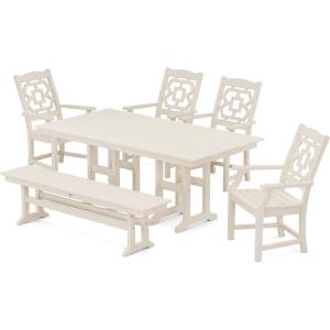 imageMARTHA STEWART by POLYWOOD Chinoiserie 6Piece Farmhouse Dining Set with Bench in WhiteSand