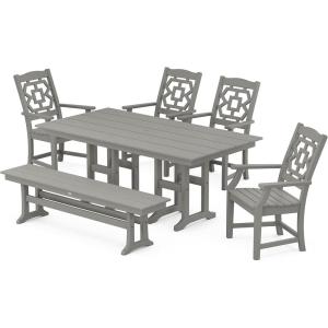 imageMARTHA STEWART by POLYWOOD Chinoiserie 6Piece Farmhouse Dining Set with Bench in WhiteSlate Grey