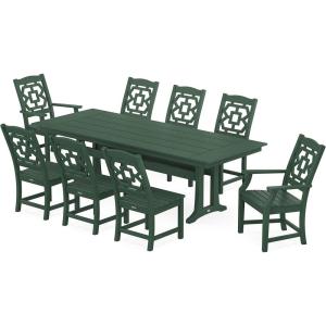 imageMARTHA STEWART by POLYWOOD Chinoiserie 9Piece Farmhouse Dining Set with Trestle Legs in WhiteGreen