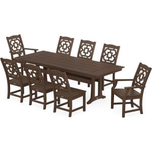 imageMARTHA STEWART by POLYWOOD Chinoiserie 9Piece Farmhouse Dining Set with Trestle Legs in WhiteMahogany