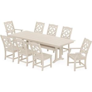 imageMARTHA STEWART by POLYWOOD Chinoiserie 9Piece Farmhouse Dining Set with Trestle Legs in WhiteSand