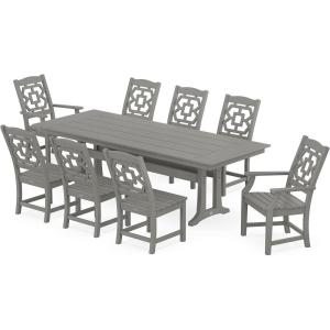 imageMARTHA STEWART by POLYWOOD Chinoiserie 9Piece Farmhouse Dining Set with Trestle Legs in WhiteSlate Grey