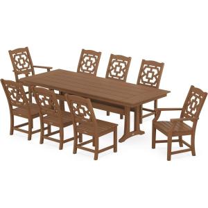 imageMARTHA STEWART by POLYWOOD Chinoiserie 9Piece Farmhouse Dining Set with Trestle Legs in WhiteTeak