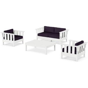 imageMartha Stewart Acadia 4Piece Deep Seating Set with Loveseat in TeakDune BurlapWhite  Navy Linen