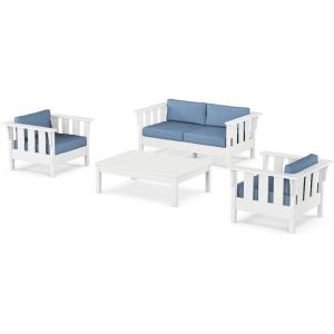 imageMartha Stewart Acadia 4Piece Deep Seating Set with Loveseat in TeakDune BurlapWhite  Sky Blue