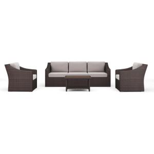 imageMartha Stewart Bedford 4Piece IndoorOutdoor Conversation Set with Sofa 2 Accent Chairs and Coffee Table in Brown Rattan Wicker with Tan AllWeather Cushions