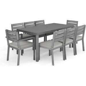 imageMartha Stewart Bedford 9 Piece Patio Set with 71quot Table and 8 Stackable Chairs with Gray Brushed Woodgrain Aluminum Finish Gray AllWeather Seat Cushions