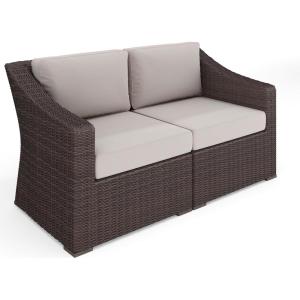imageMartha Stewart Bedford IndoorOutdoor Modular Patio Loveseat with Rattan Wicker Finish in Brown with Tan AllWeather CushionsTan CushionsBrown Frame