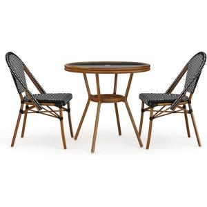 imageMartha Stewart Lily Pond 3 Piece IndoorOutdoor Black and White Woven Rattan Bistro Set with Natural Woodgrain Aluminum Frames and Tempered Glass TabletopBlack  WhiteNatural Frame