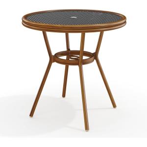 imageMartha Stewart Lily Pond 31 Round IndoorOutdoor Bistro Dining Table with Aluminum Frame in Natural Woodgrain and Rattan Top in BlackWhite with Tempered Glass TopBlack  WhiteNatural Frame