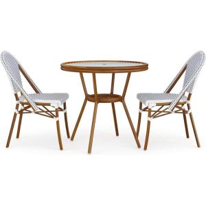 imageMartha Stewart Lily Pond 5 Piece IndoorOutdoor Navy and White Woven Rattan Bistro Set with Natural Woodgrain Aluminum Frames and Tempered Glass TabletopNavy  WhiteNatural Frame