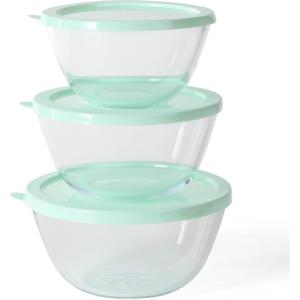 imageMartha Stewart Summersol 6 Piece 676 oz 507 oz 338 oz Borosilicate Glass Mixing Bowl wPP Martha Blue Lids