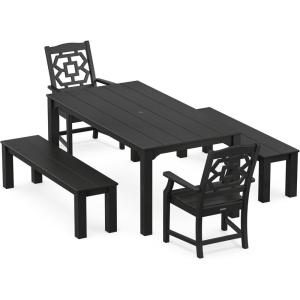imageMartha Stewart by POLYWOOD Exclusive Chinoiserie 5Piece Parsons Dining Set with Benches MahoganyBlack