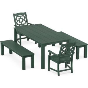 imageMartha Stewart by POLYWOOD Exclusive Chinoiserie 5Piece Parsons Dining Set with Benches MahoganyGreen