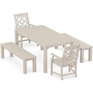 imageMartha Stewart by POLYWOOD Exclusive Chinoiserie 5Piece Parsons Dining Set with Benches MahoganySand