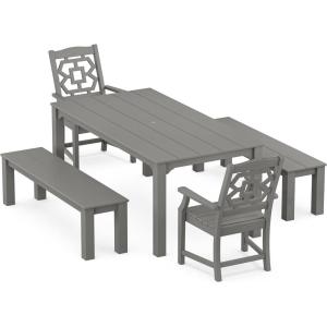 imageMartha Stewart by POLYWOOD Exclusive Chinoiserie 5Piece Parsons Dining Set with Benches MahoganySlate Grey